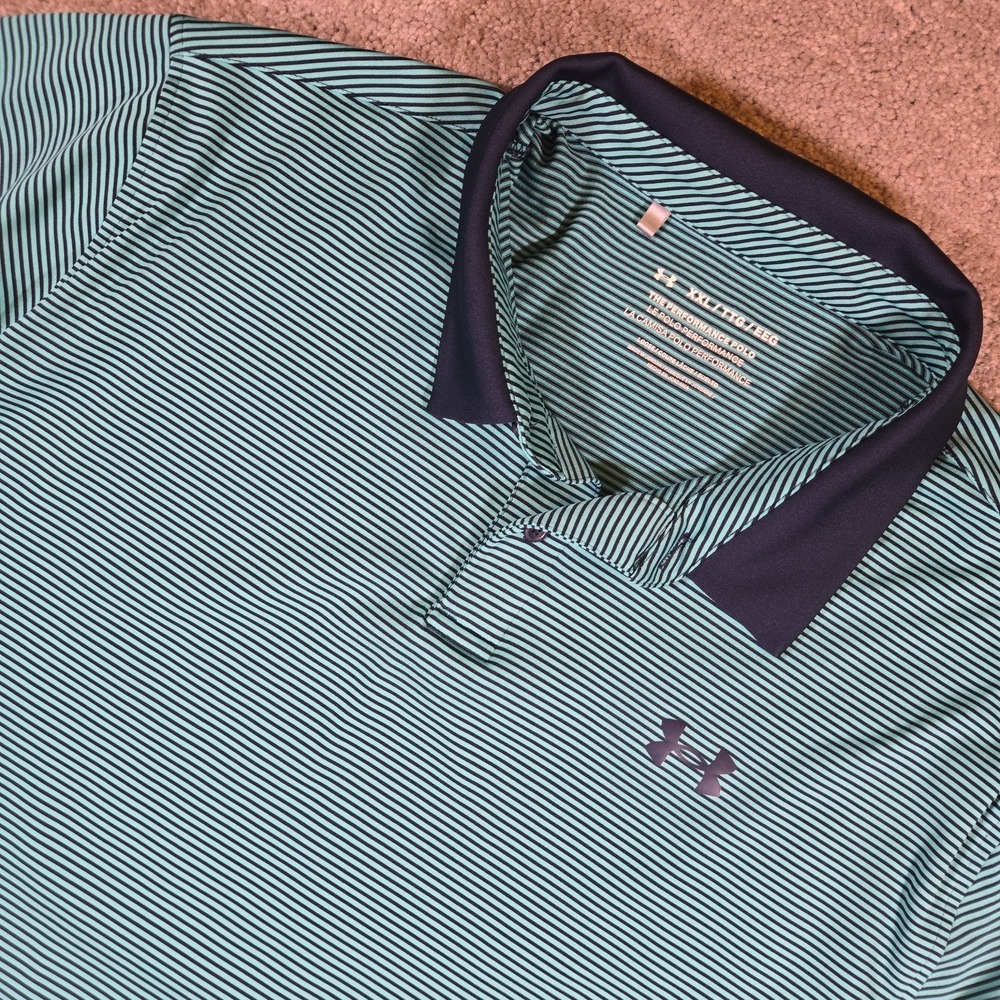 Under Armour Polo Mens 2XL Blue Mint Green Striped Playoff Polo Performance Golf